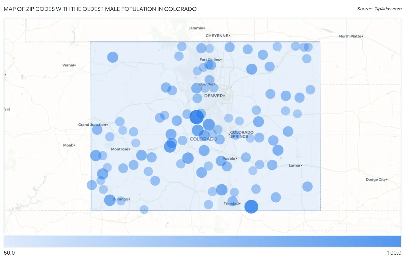 Zip Codes with the Oldest Male Population in Colorado Map