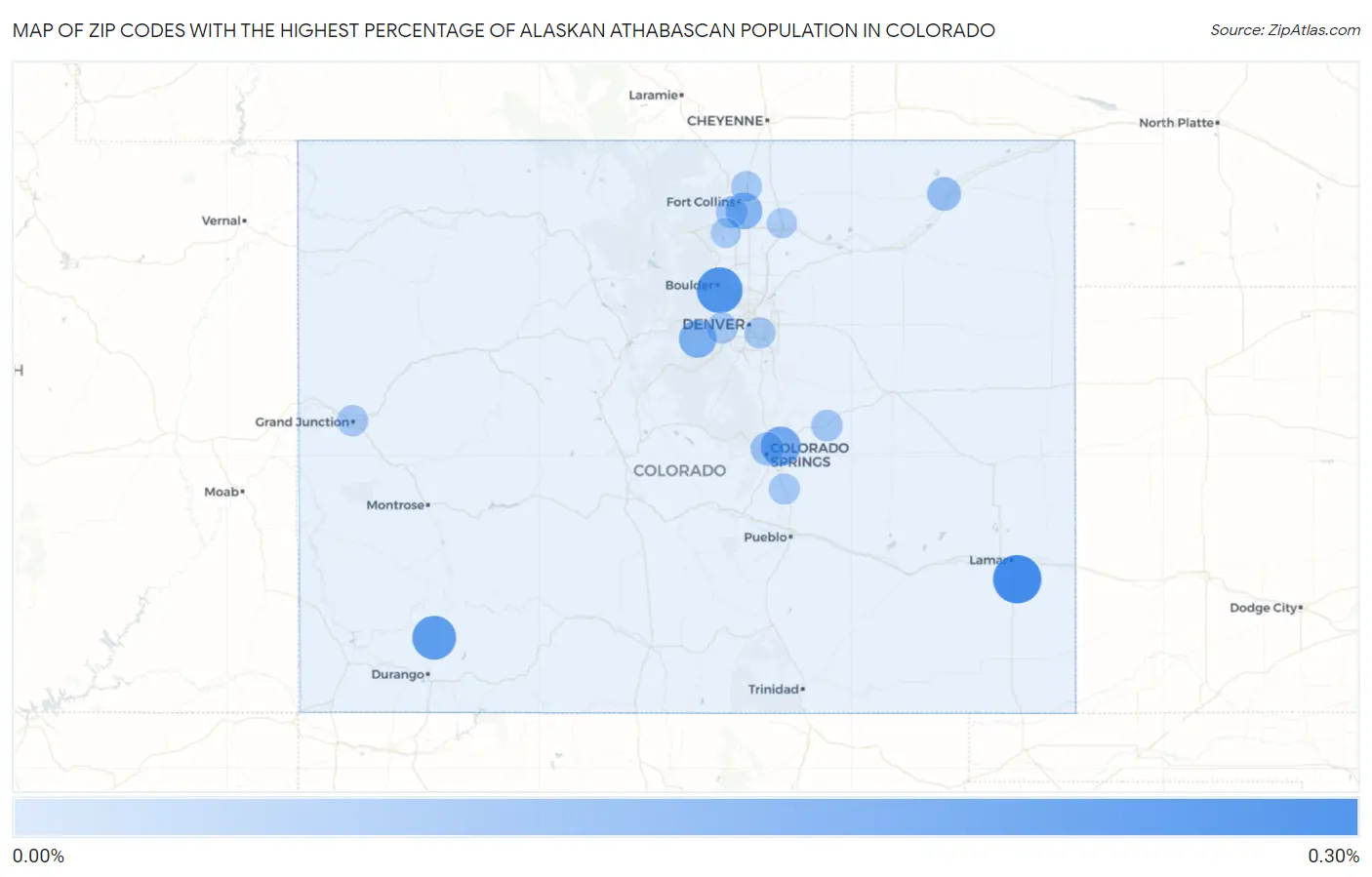 Zip Codes with the Highest Percentage of Alaskan Athabascan Population in Colorado Map