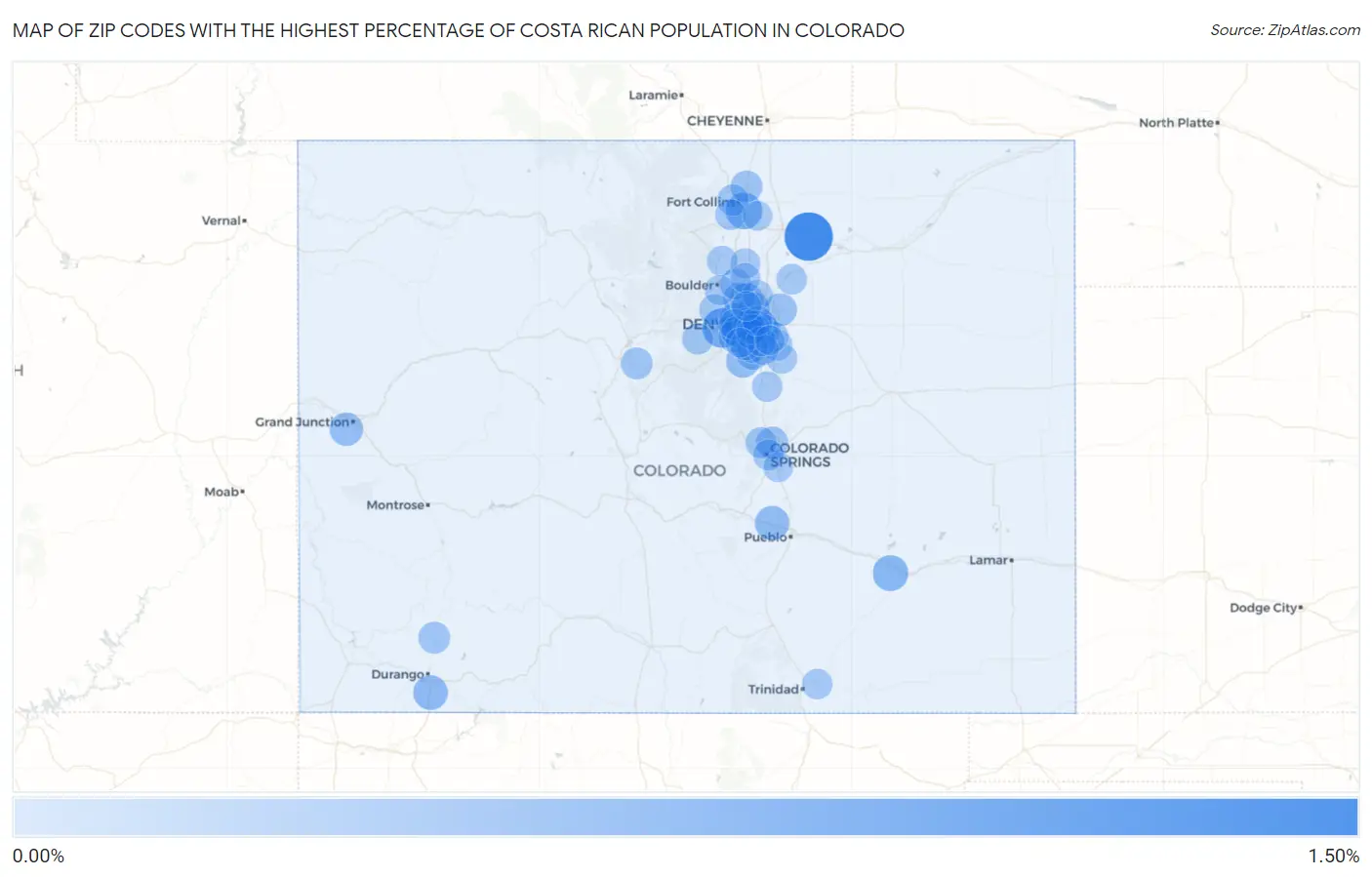 Zip Codes with the Highest Percentage of Costa Rican Population in Colorado Map