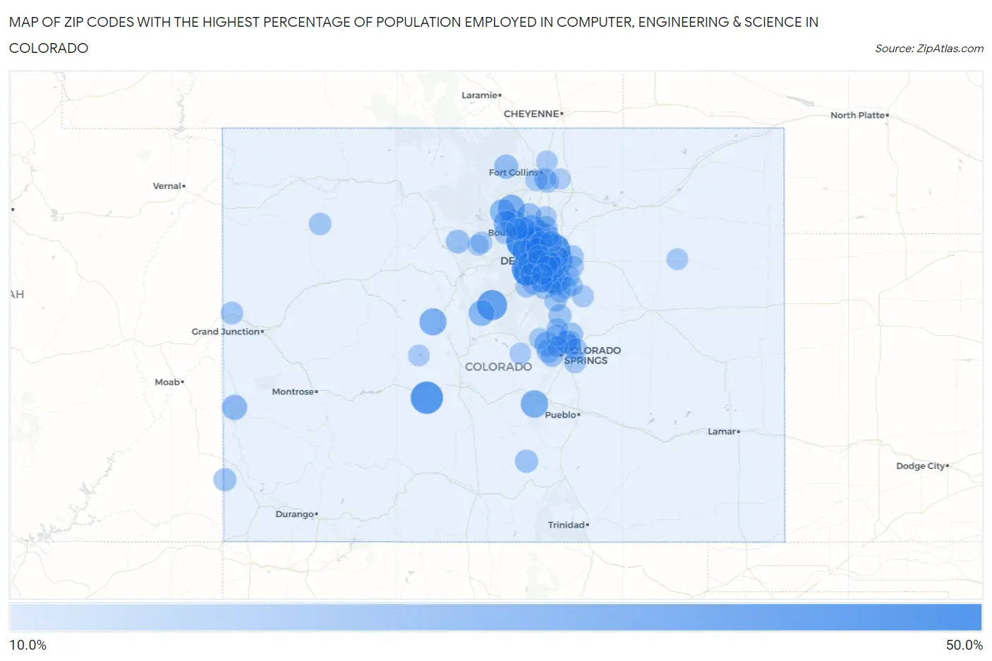 Zip Codes with the Highest Percentage of Population Employed in Computer, Engineering & Science in Colorado Map