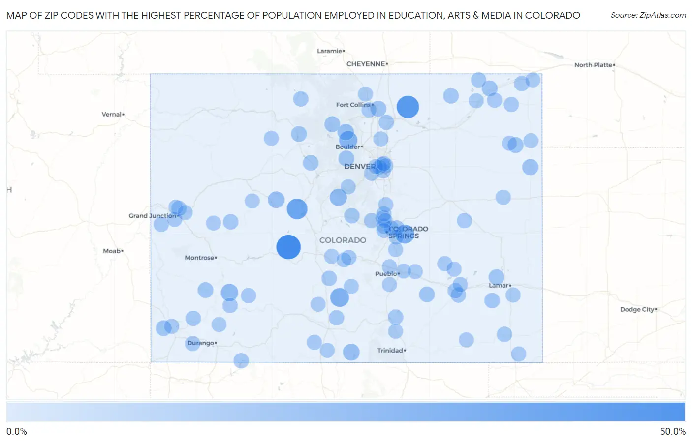Zip Codes with the Highest Percentage of Population Employed in Education, Arts & Media in Colorado Map