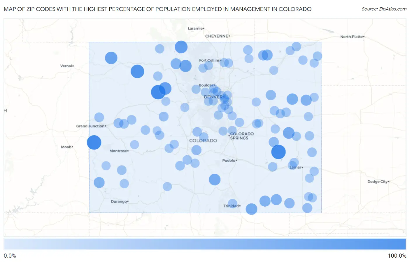 Zip Codes with the Highest Percentage of Population Employed in Management in Colorado Map