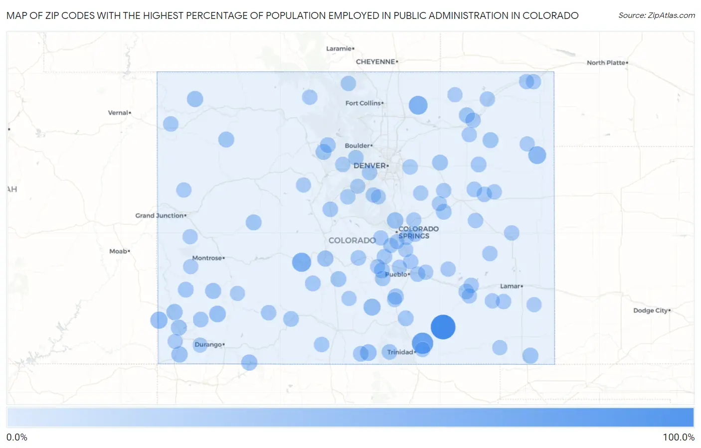 Zip Codes with the Highest Percentage of Population Employed in Public Administration in Colorado Map