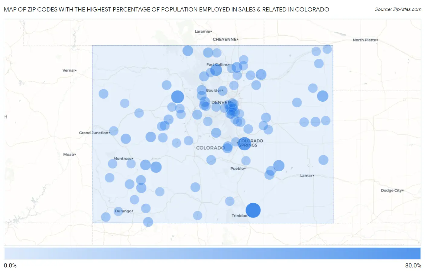 Zip Codes with the Highest Percentage of Population Employed in Sales & Related in Colorado Map