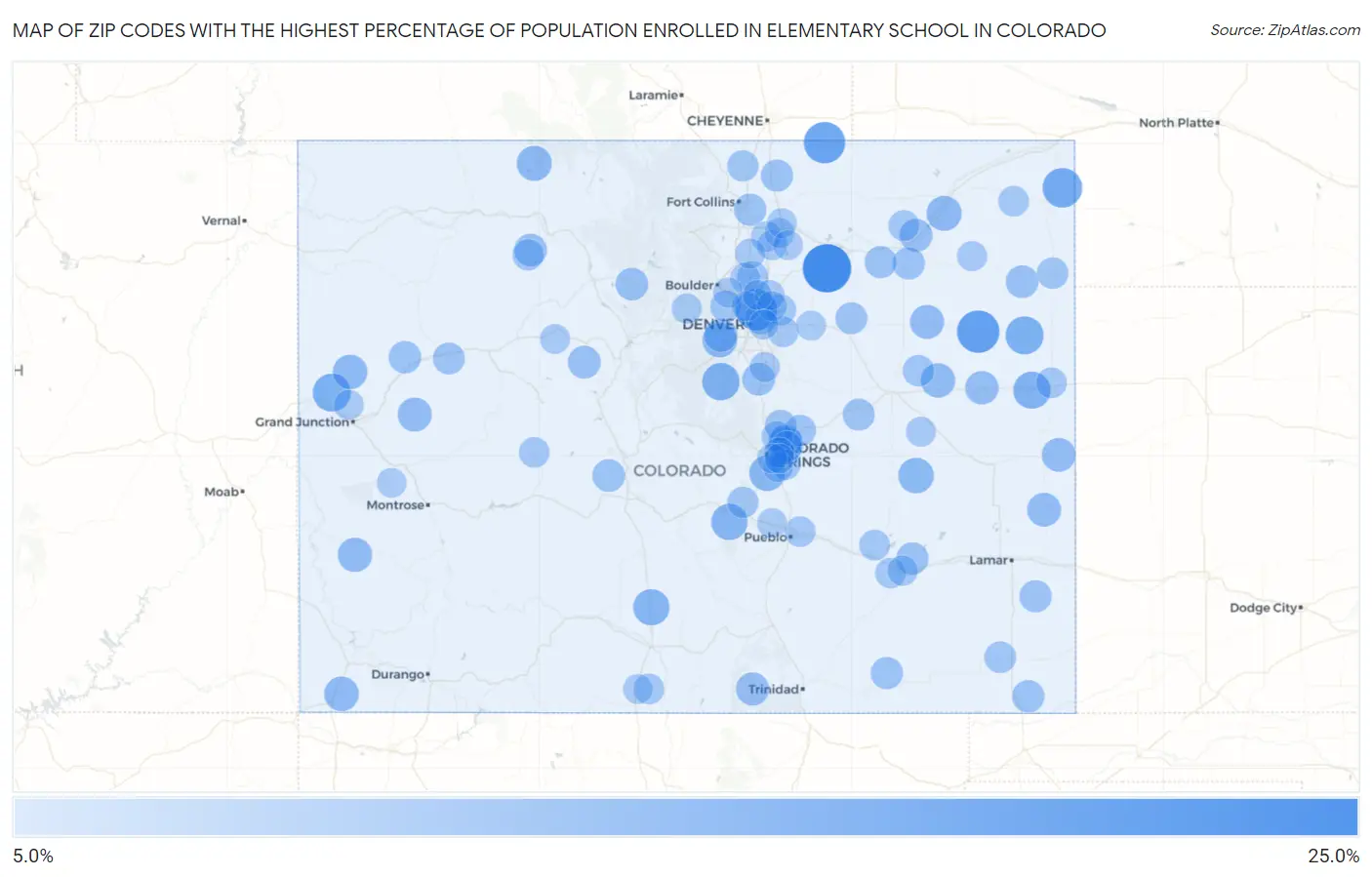 Zip Codes with the Highest Percentage of Population Enrolled in Elementary School in Colorado Map