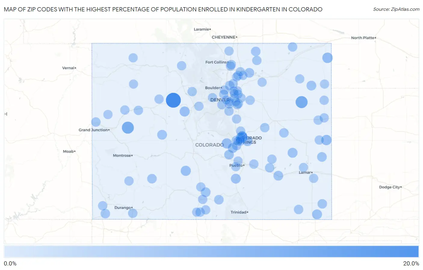 Zip Codes with the Highest Percentage of Population Enrolled in Kindergarten in Colorado Map