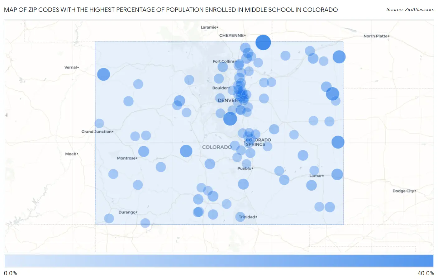 Zip Codes with the Highest Percentage of Population Enrolled in Middle School in Colorado Map
