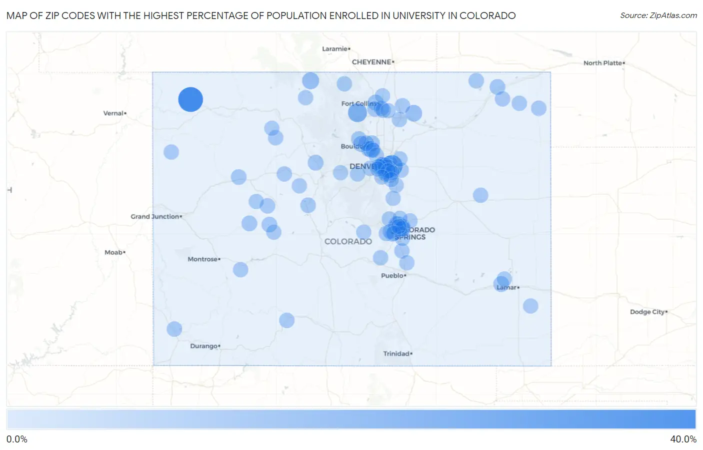 Zip Codes with the Highest Percentage of Population Enrolled in University in Colorado Map