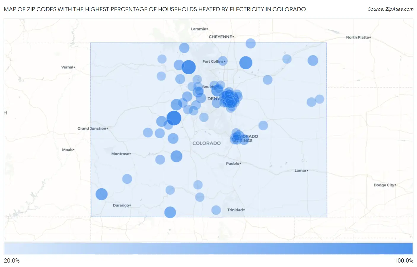 Zip Codes with the Highest Percentage of Households Heated by Electricity in Colorado Map