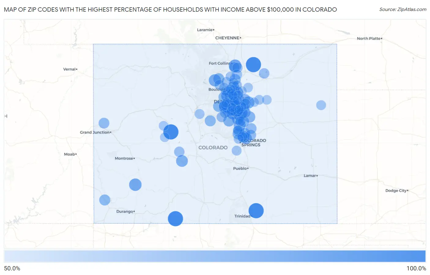 Zip Codes with the Highest Percentage of Households with Income Above $100,000 in Colorado Map