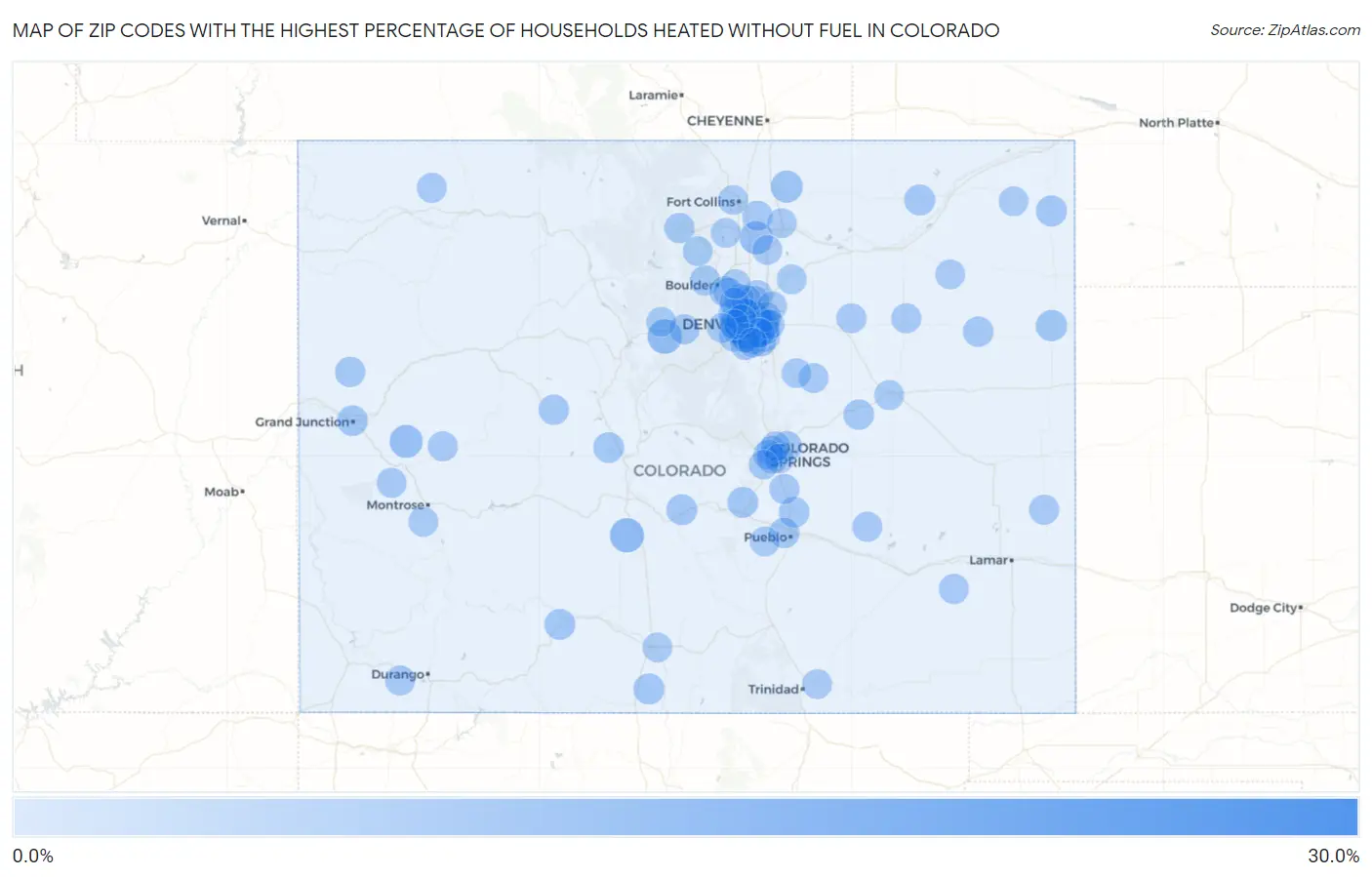Zip Codes with the Highest Percentage of Households Heated without Fuel in Colorado Map