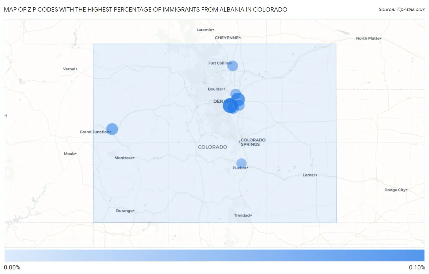 Zip Codes with the Highest Percentage of Immigrants from Albania in Colorado Map