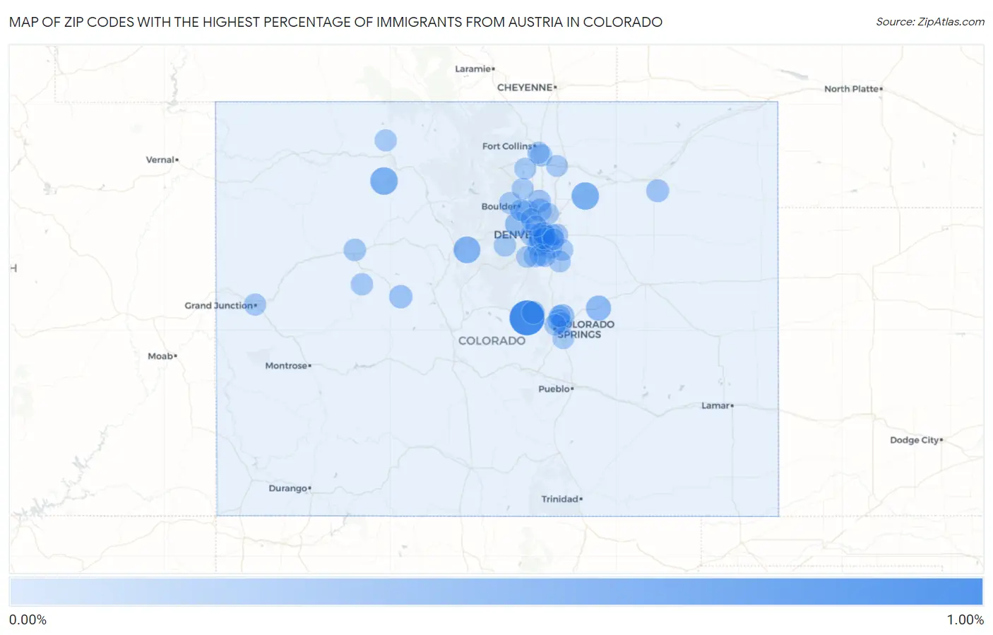 Zip Codes with the Highest Percentage of Immigrants from Austria in Colorado Map