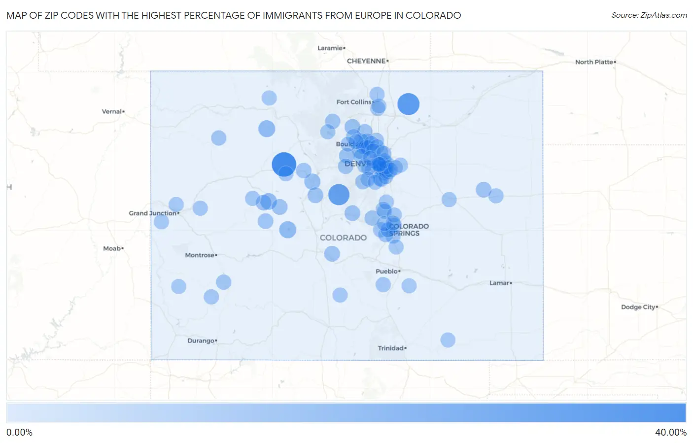 Zip Codes with the Highest Percentage of Immigrants from Europe in Colorado Map