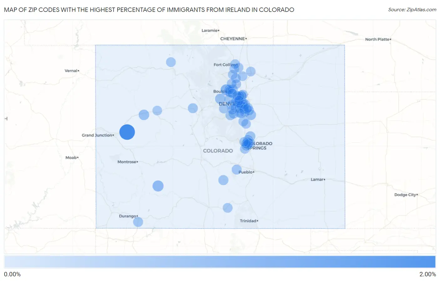 Zip Codes with the Highest Percentage of Immigrants from Ireland in Colorado Map