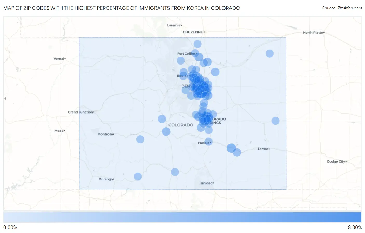 Zip Codes with the Highest Percentage of Immigrants from Korea in Colorado Map