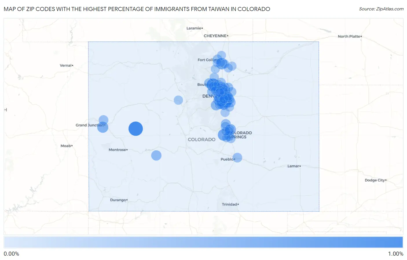 Zip Codes with the Highest Percentage of Immigrants from Taiwan in Colorado Map
