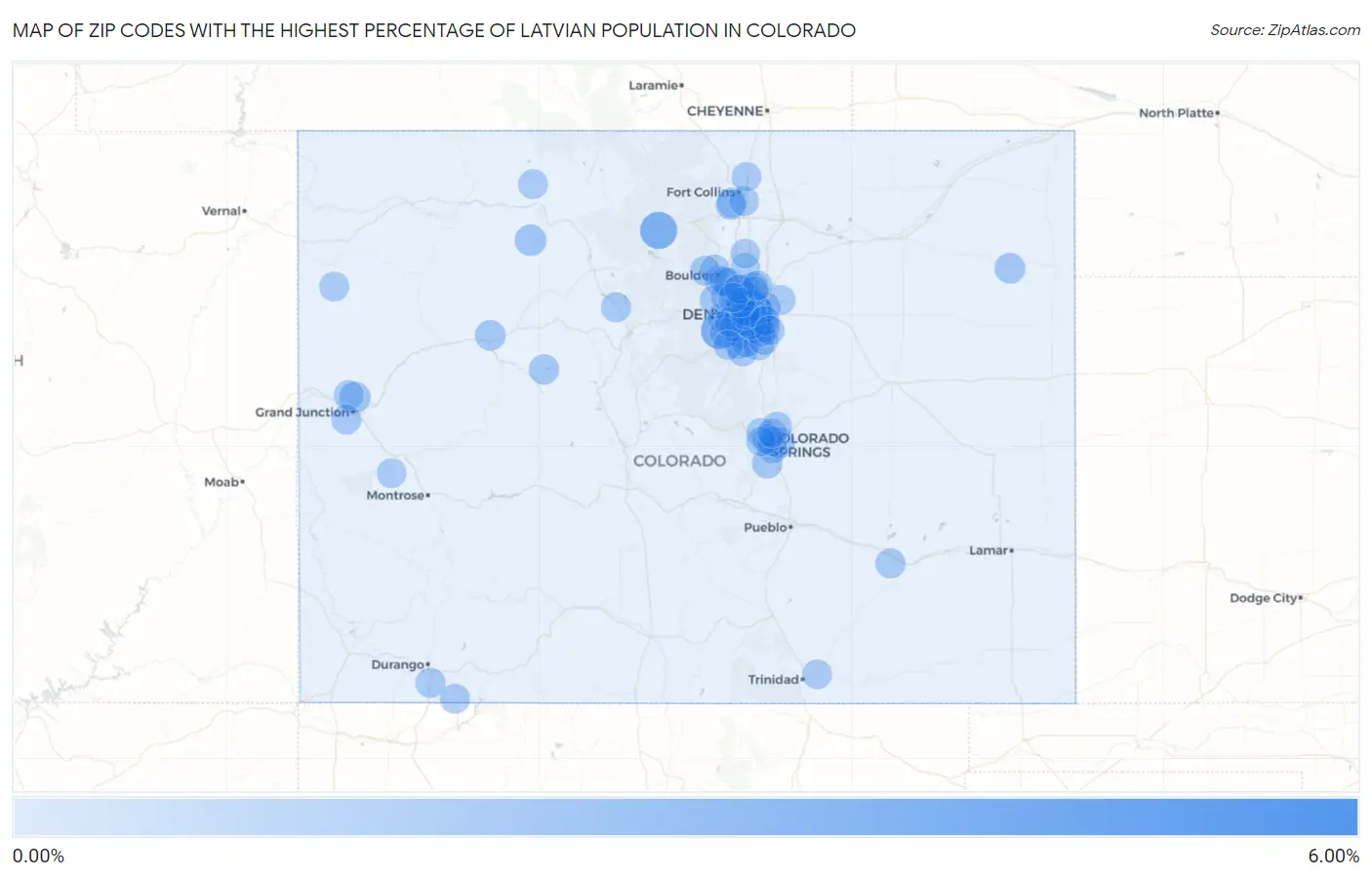 Zip Codes with the Highest Percentage of Latvian Population in Colorado Map