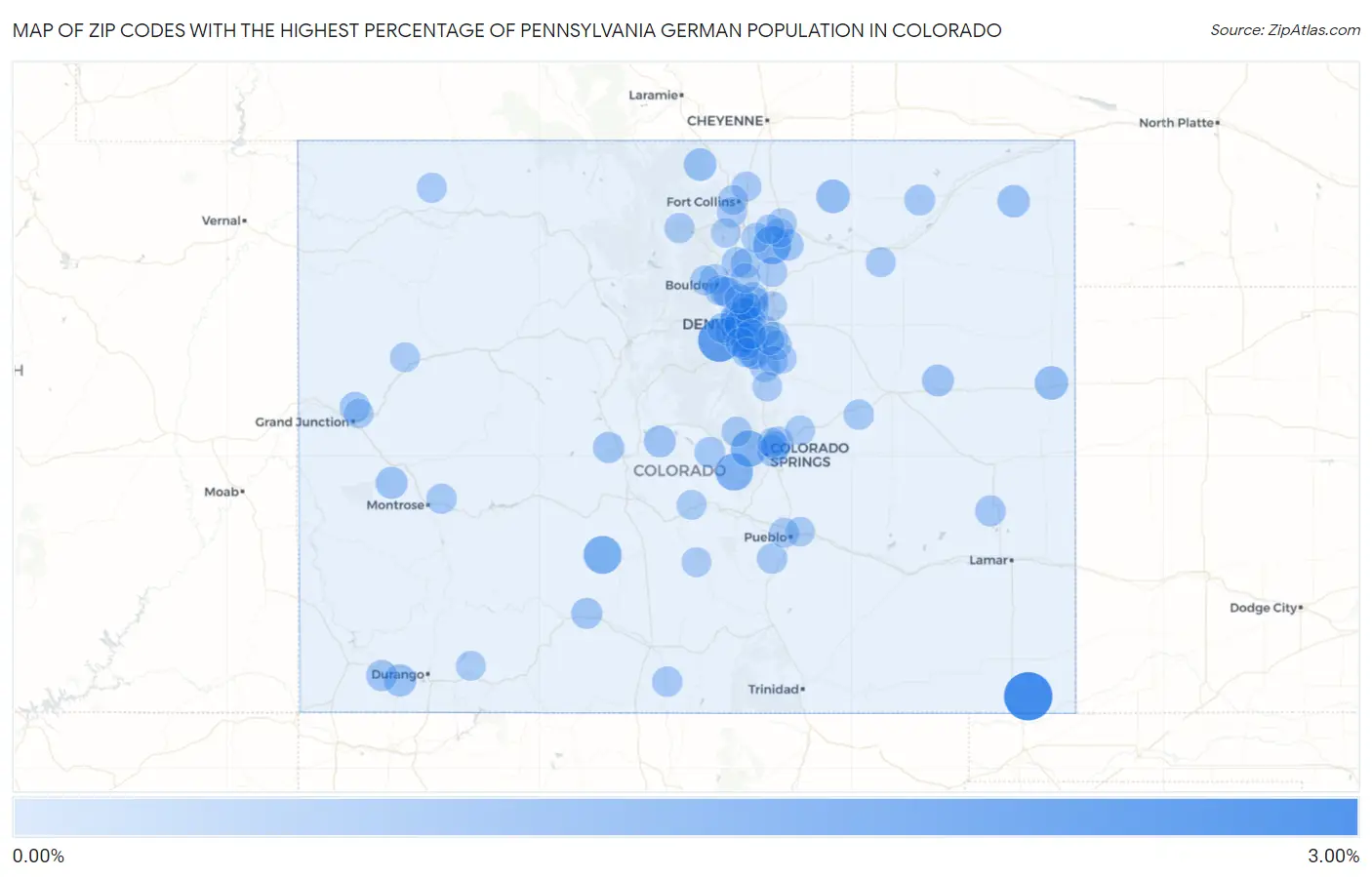 Zip Codes with the Highest Percentage of Pennsylvania German Population in Colorado Map