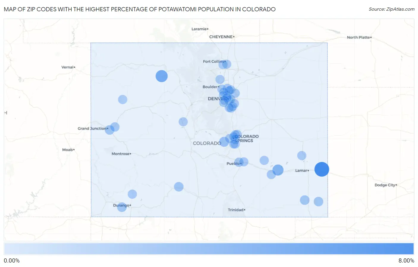 Zip Codes with the Highest Percentage of Potawatomi Population in Colorado Map