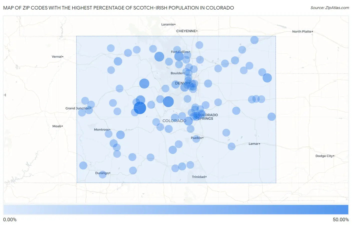 Zip Codes with the Highest Percentage of Scotch-Irish Population in Colorado Map