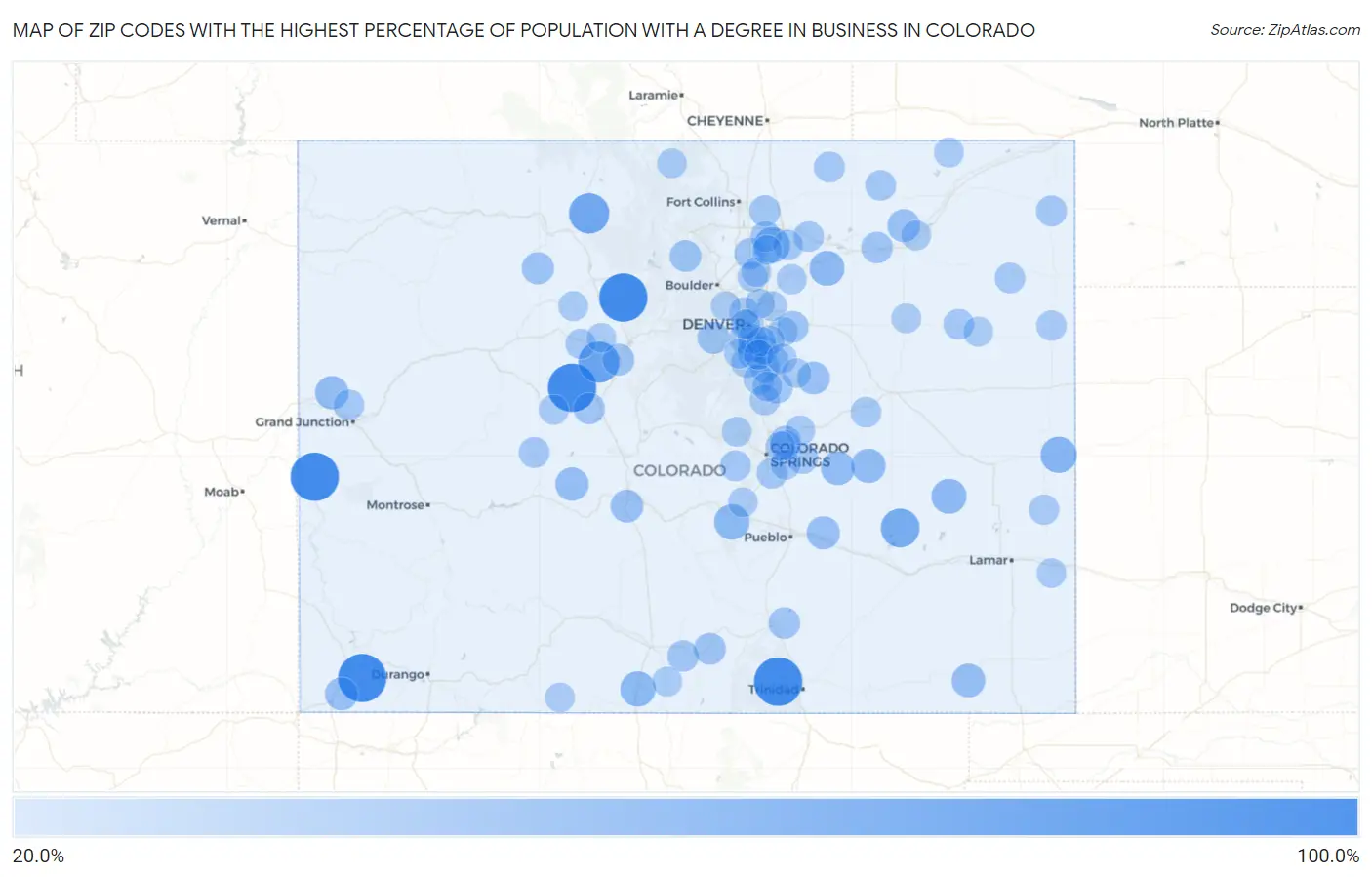 Zip Codes with the Highest Percentage of Population with a Degree in Business in Colorado Map