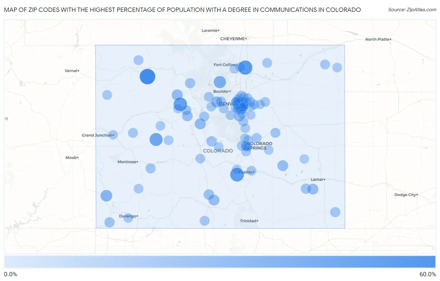 Zip Codes with the Highest Percentage of Population with a Degree in Communications in Colorado Map