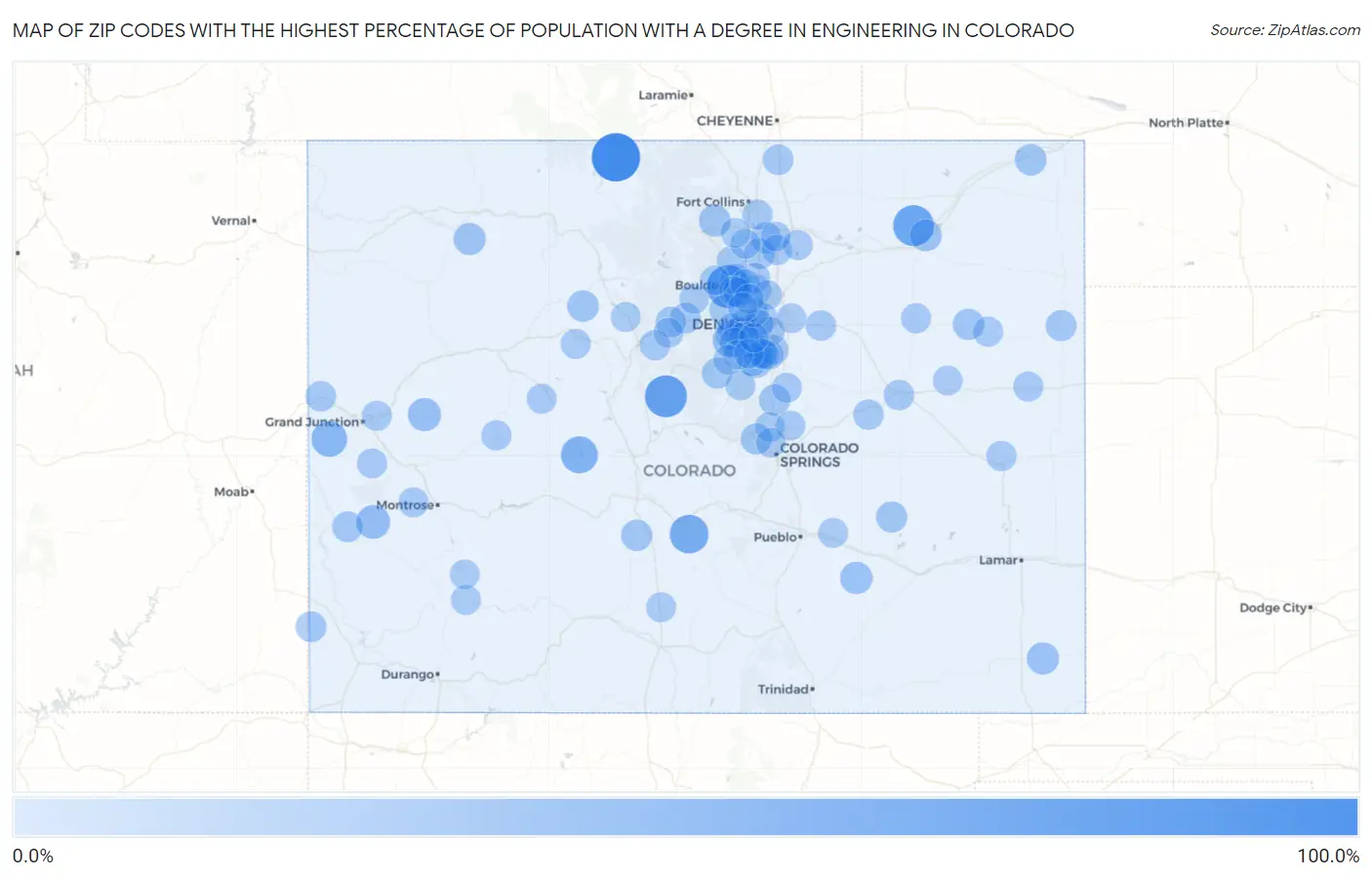 Zip Codes with the Highest Percentage of Population with a Degree in Engineering in Colorado Map