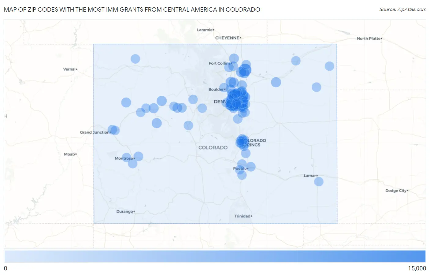 Zip Codes with the Most Immigrants from Central America in Colorado Map