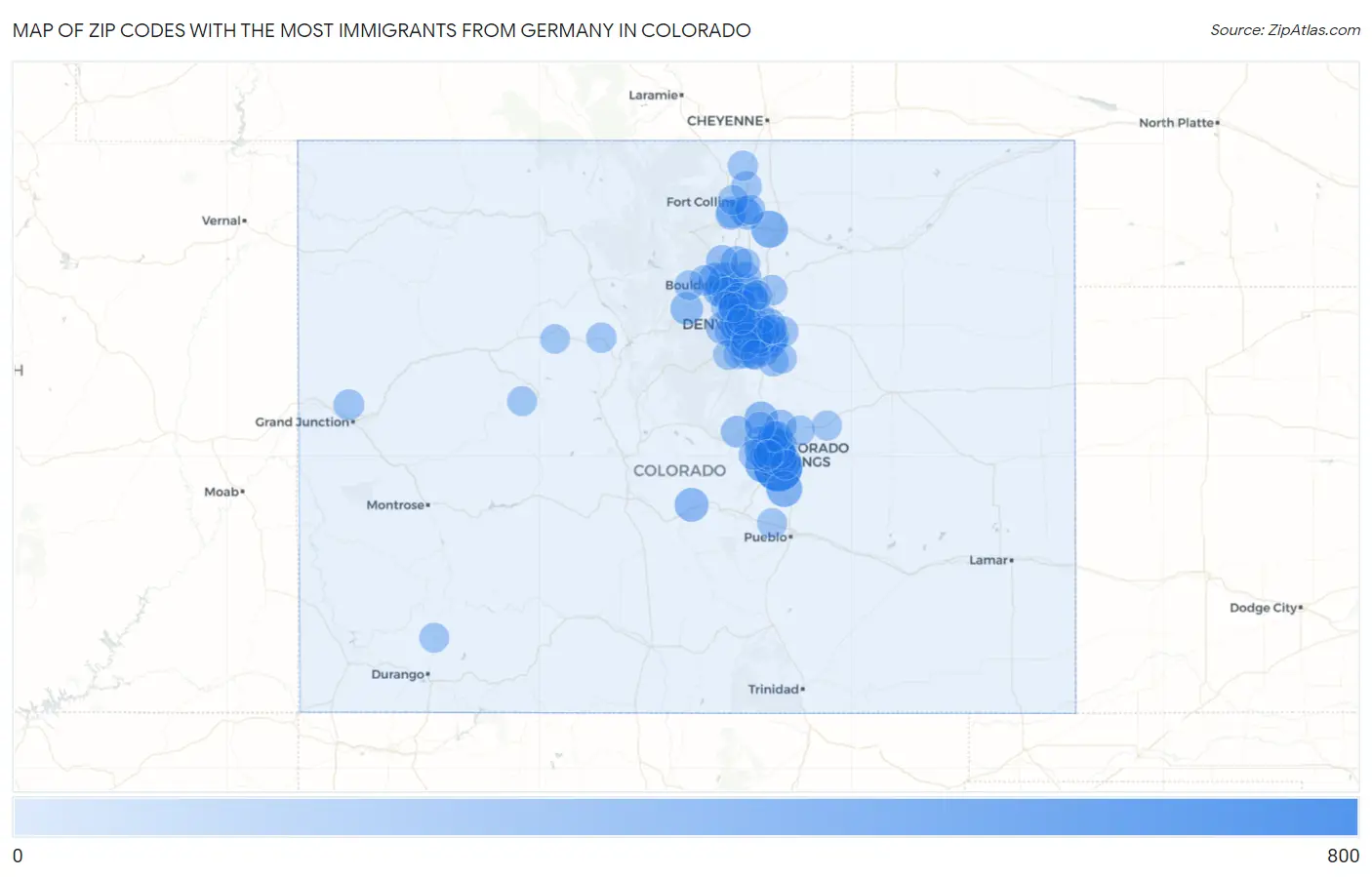 Zip Codes with the Most Immigrants from Germany in Colorado Map