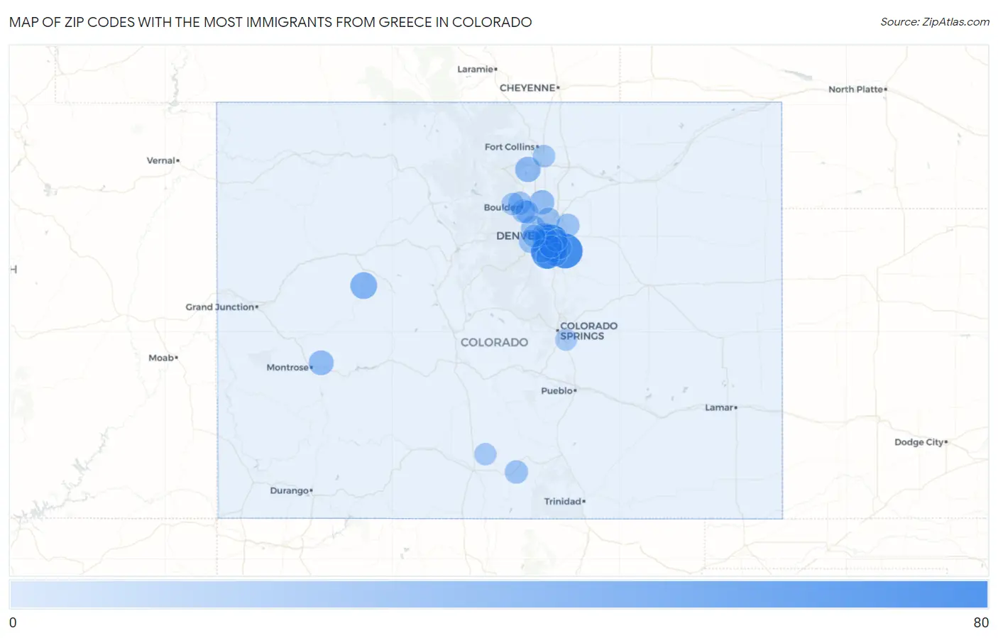 Zip Codes with the Most Immigrants from Greece in Colorado Map