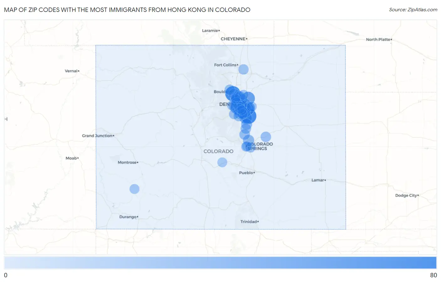 Zip Codes with the Most Immigrants from Hong Kong in Colorado Map