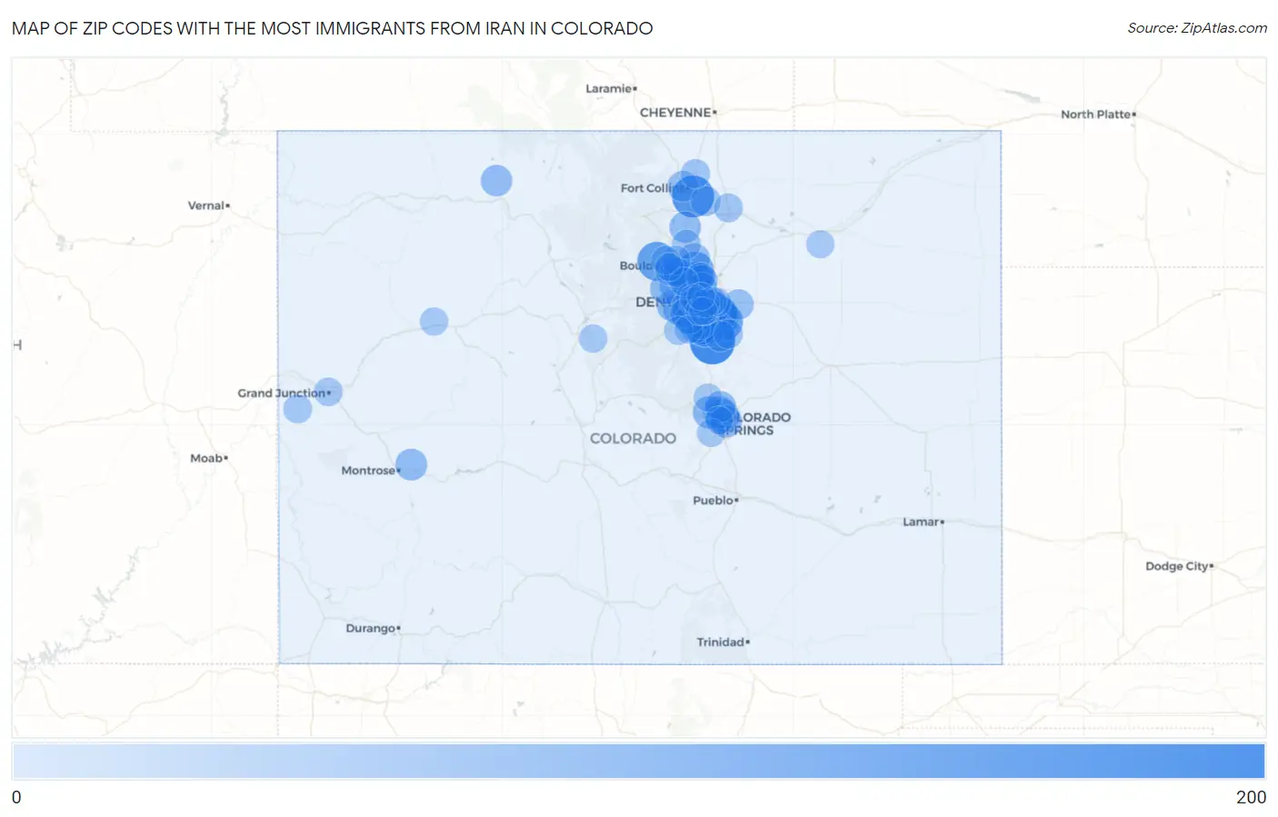 Zip Codes with the Most Immigrants from Iran in Colorado Map