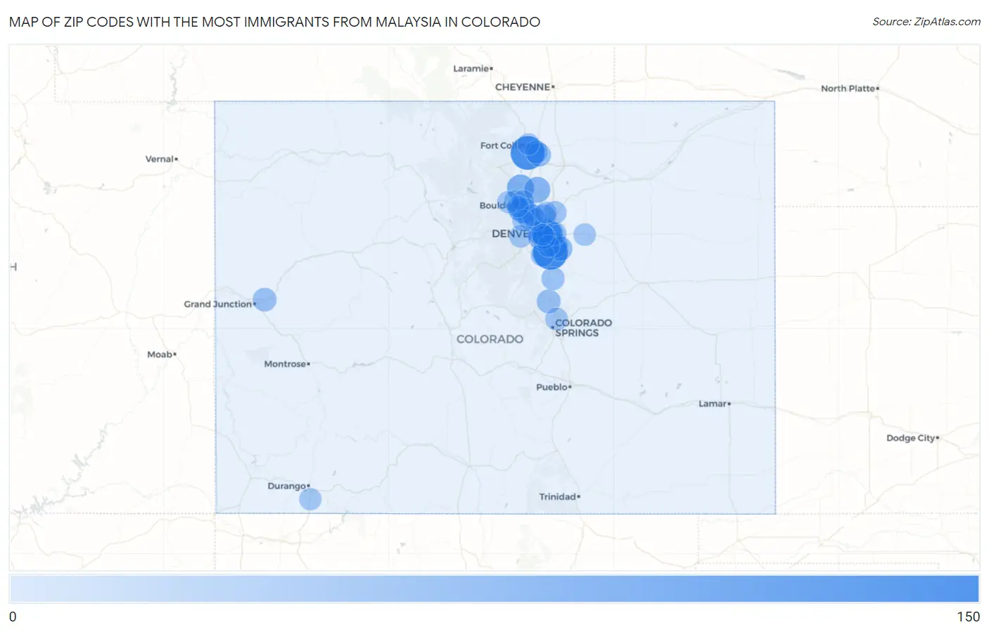 Zip Codes with the Most Immigrants from Malaysia in Colorado Map