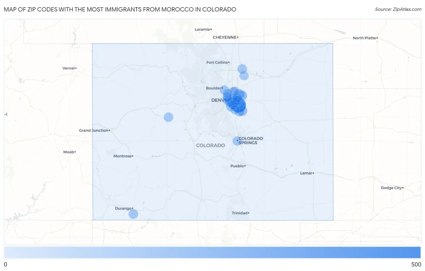 Zip Codes with the Most Immigrants from Morocco in Colorado Map