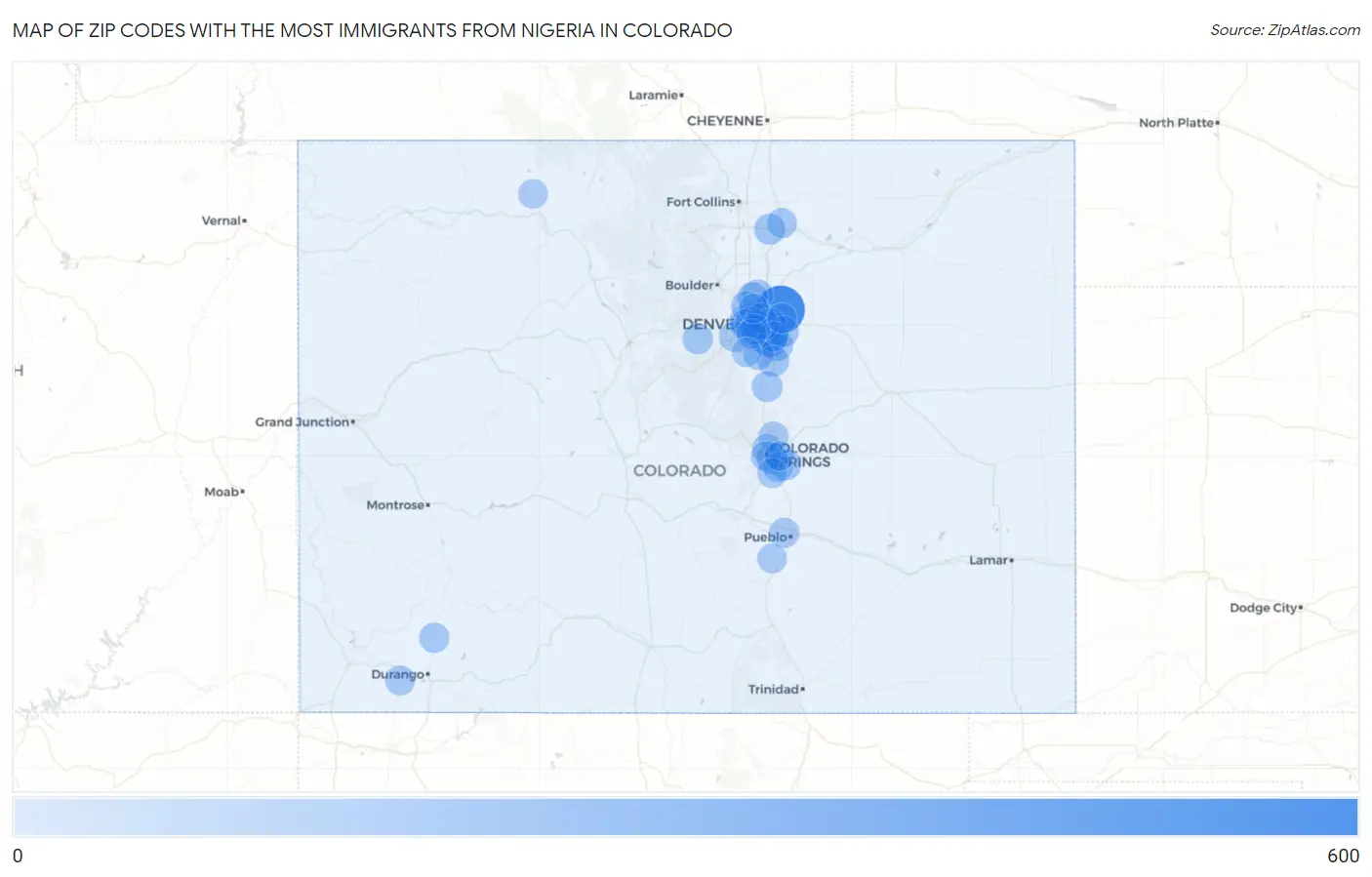 Zip Codes with the Most Immigrants from Nigeria in Colorado Map