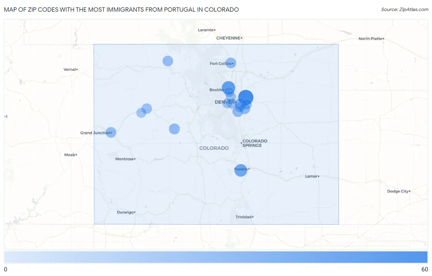 Zip Codes with the Most Immigrants from Portugal in Colorado Map