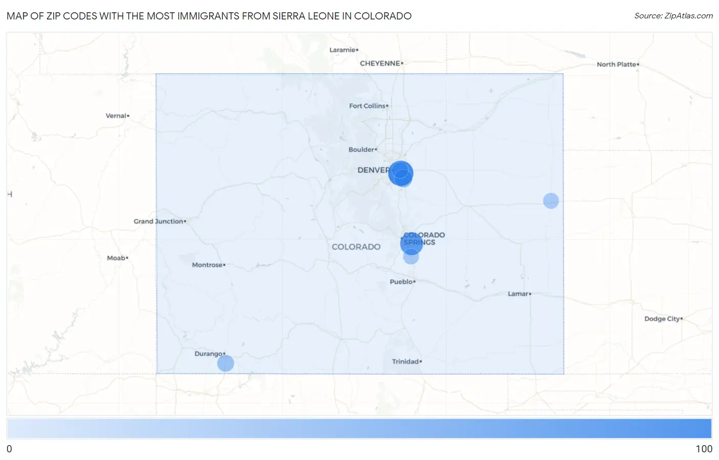 Zip Codes with the Most Immigrants from Sierra Leone in Colorado Map