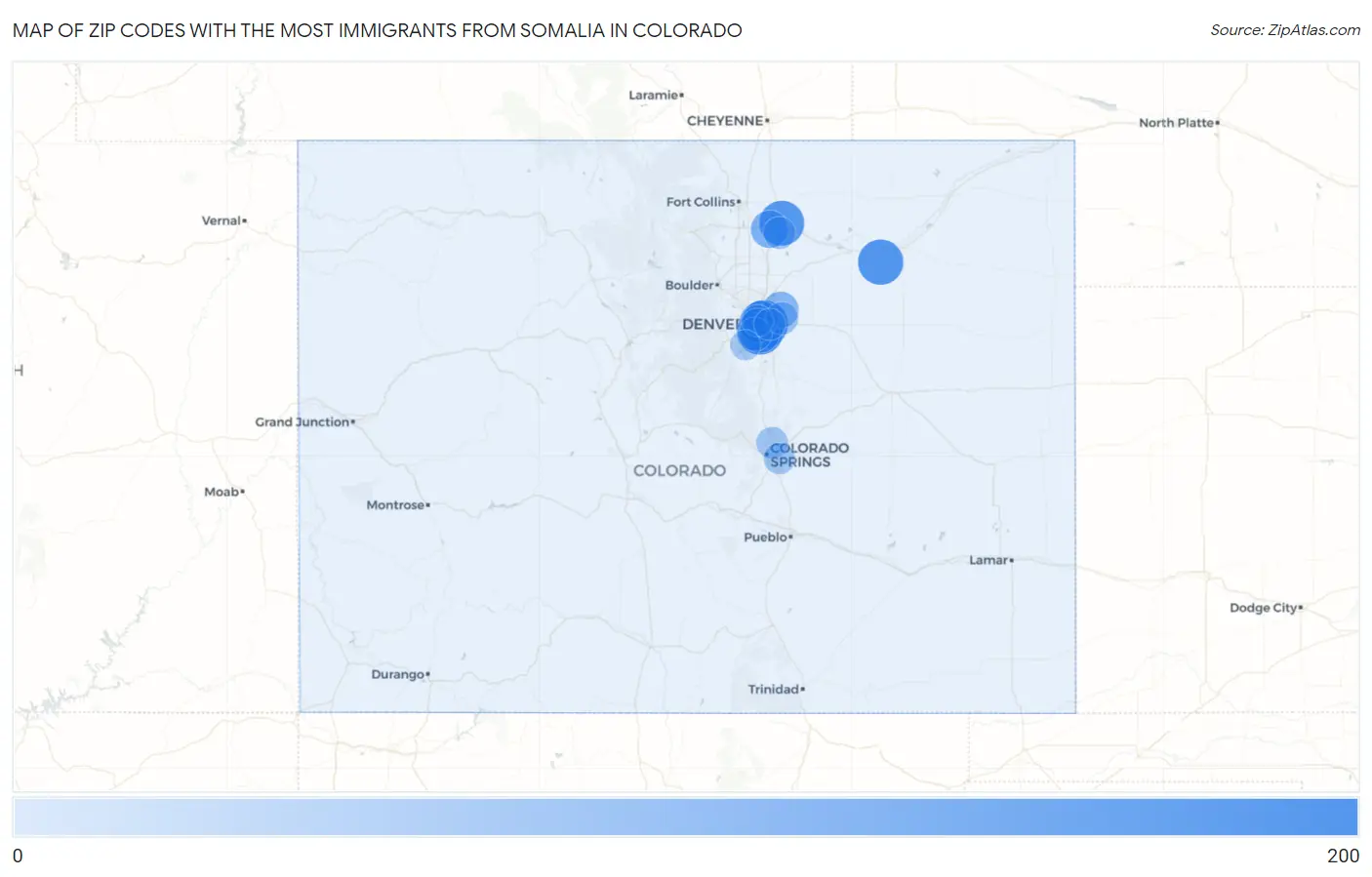 Zip Codes with the Most Immigrants from Somalia in Colorado Map