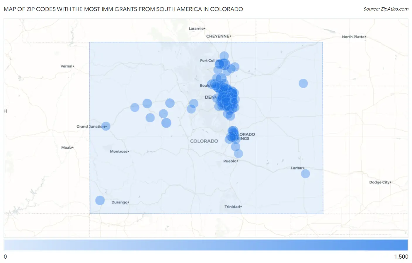 Zip Codes with the Most Immigrants from South America in Colorado Map