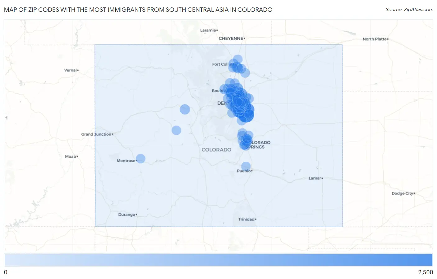 Zip Codes with the Most Immigrants from South Central Asia in Colorado Map