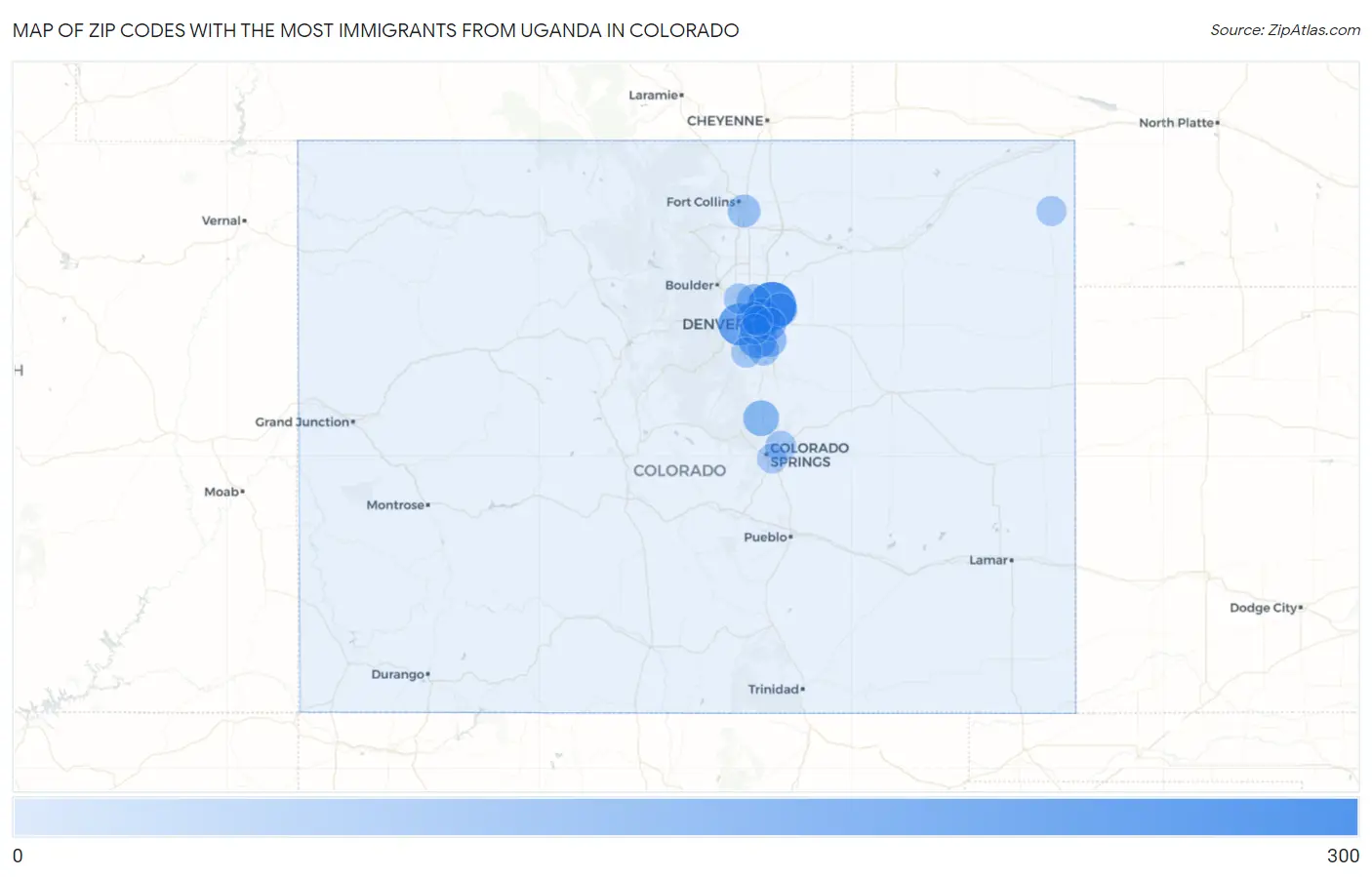 Zip Codes with the Most Immigrants from Uganda in Colorado Map