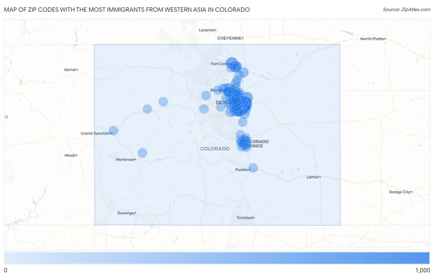 Zip Codes with the Most Immigrants from Western Asia in Colorado Map