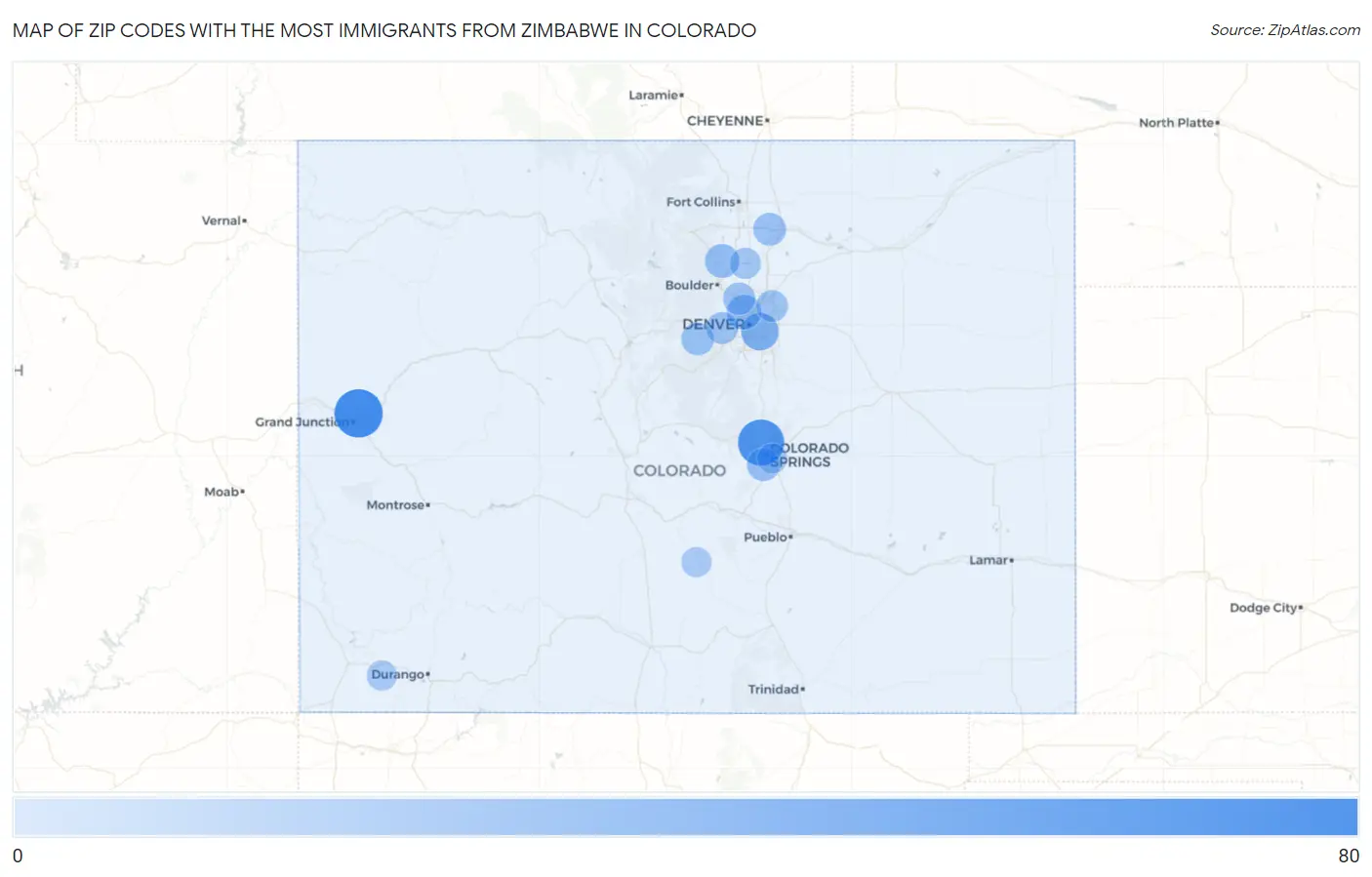 Zip Codes with the Most Immigrants from Zimbabwe in Colorado Map