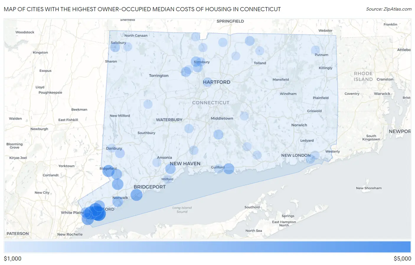 Cities with the Highest Owner-Occupied Median Costs of Housing in Connecticut Map