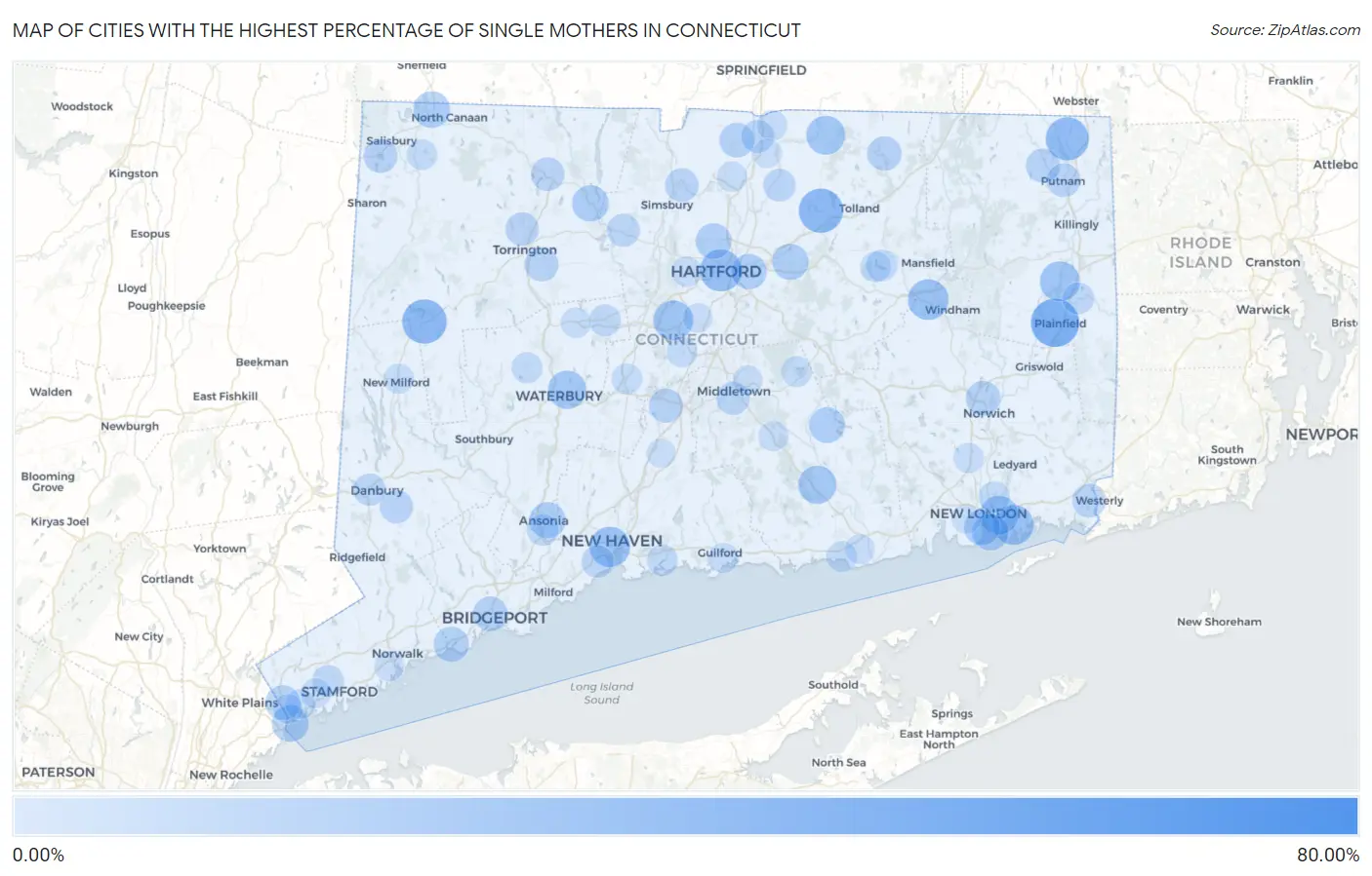 Cities with the Highest Percentage of Single Mothers in Connecticut Map