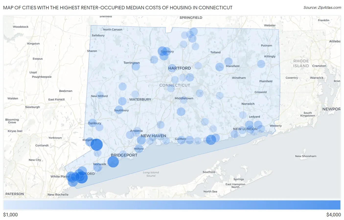 Cities with the Highest Renter-Occupied Median Costs of Housing in Connecticut Map