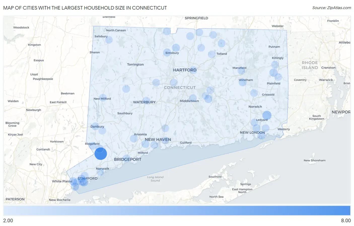 Cities with the Largest Household Size in Connecticut Map
