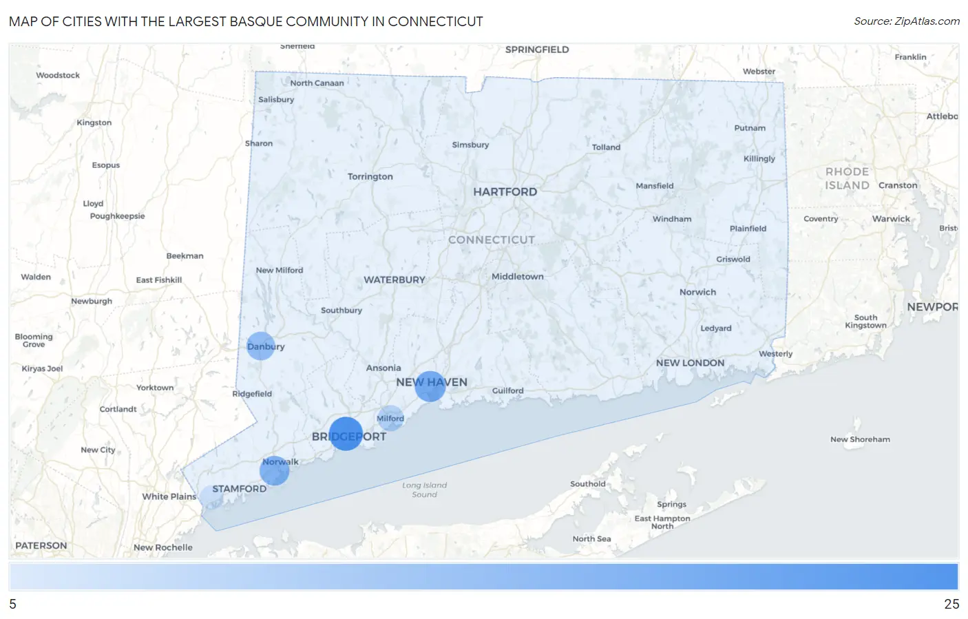Cities with the Largest Basque Community in Connecticut Map