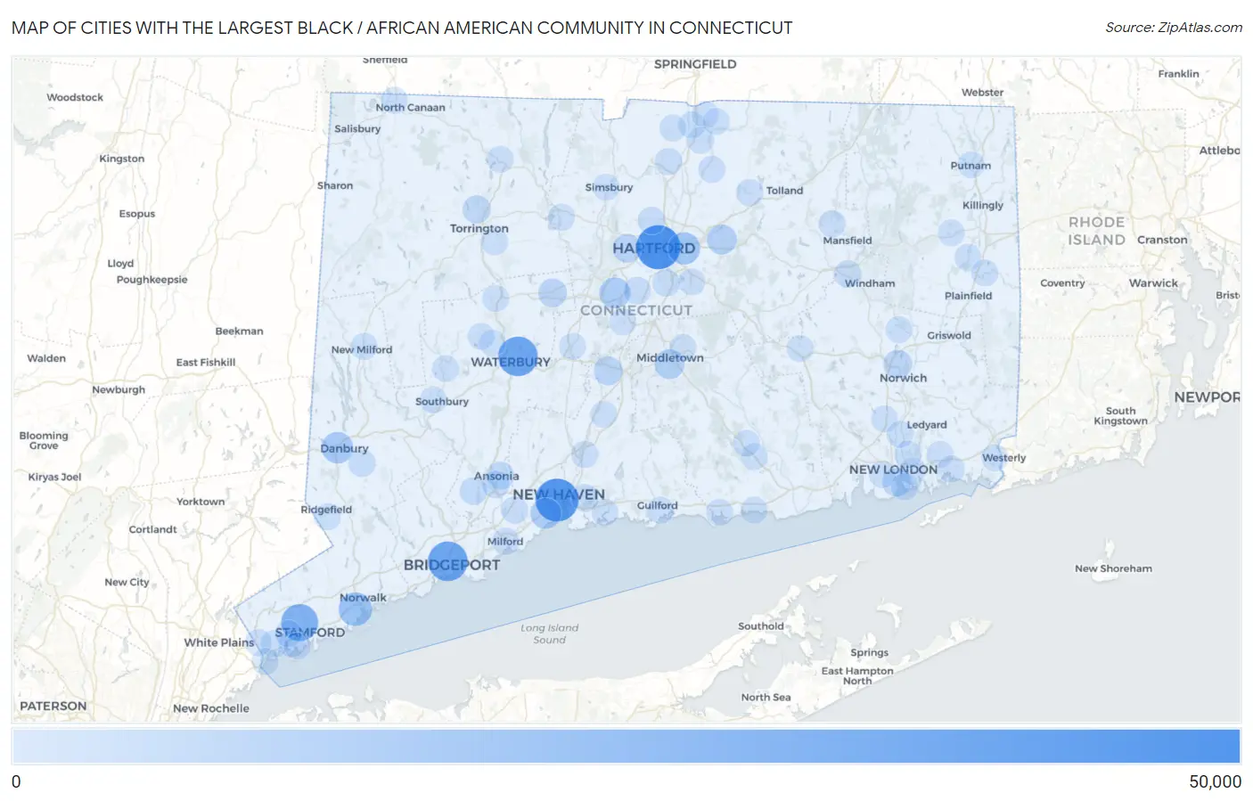Cities with the Largest Black / African American Community in Connecticut Map